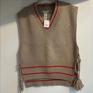 Free People Tan and Red V-Neck Sweater Vest